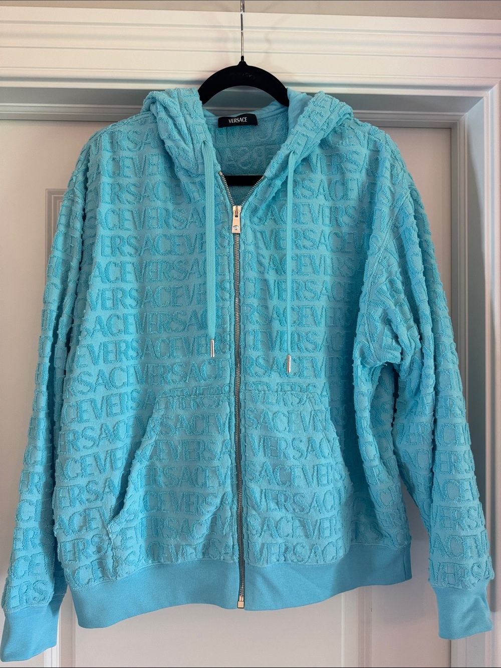 Versace Aqua Blue Terry Logo Zip Hoodie